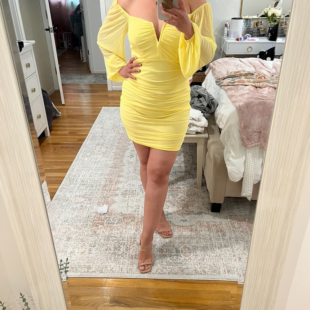 Yellow Off-Shoulder Ruched Mini Dress with Sheer Bishop Sleeves
